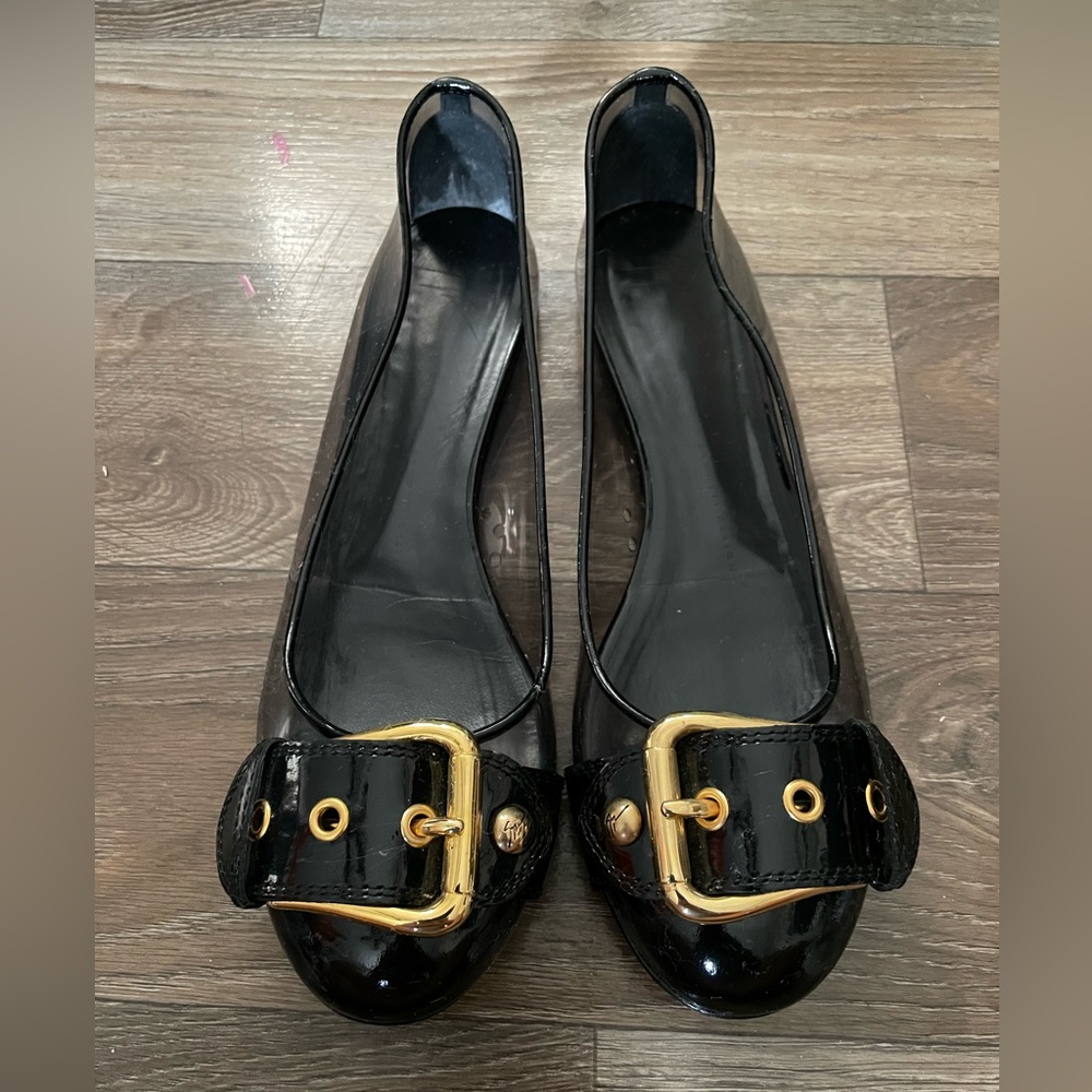 Giuseppe Zanotti Ballet Flats, Clear with Black and Gold Buckle